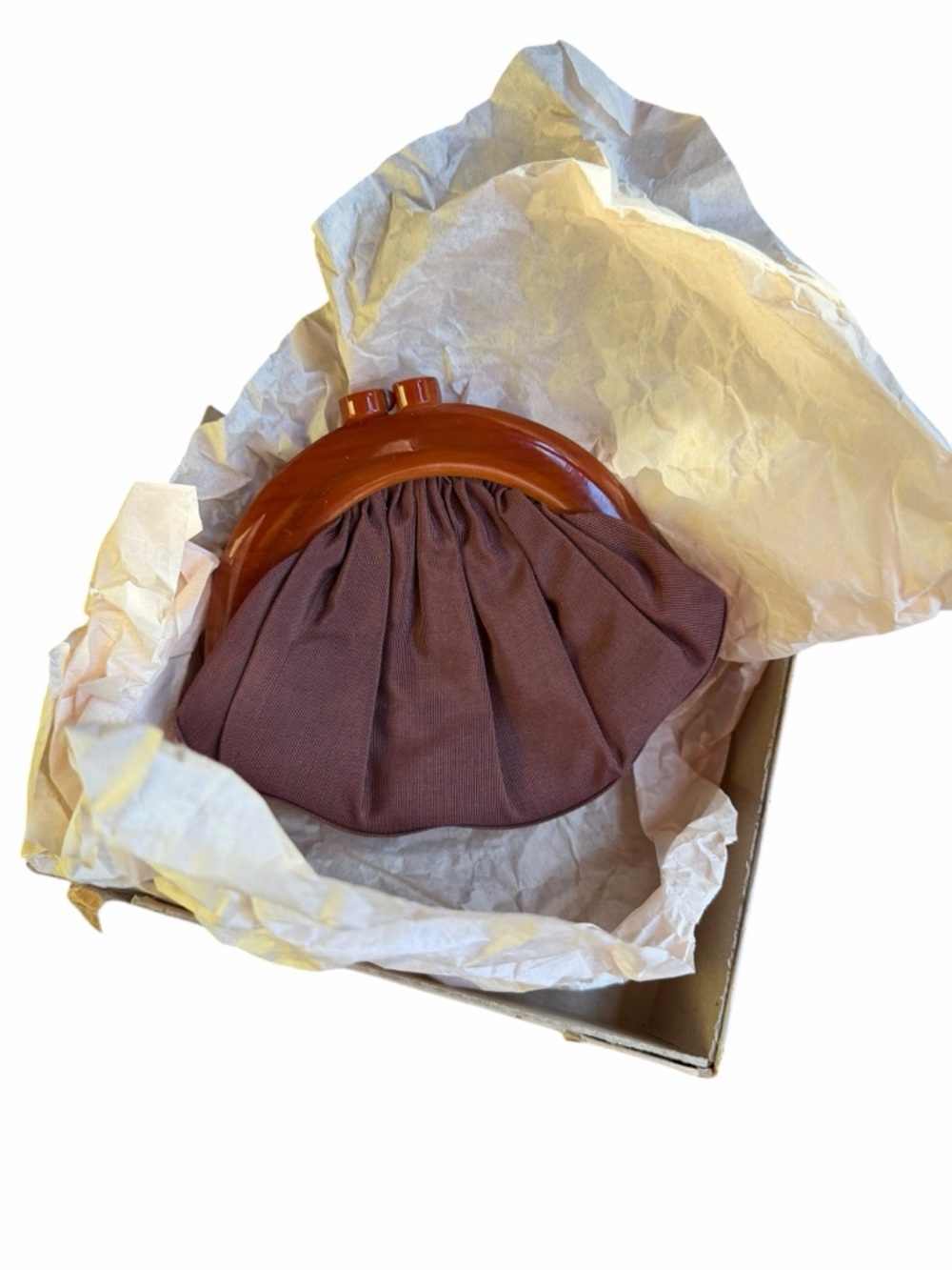 NIB Early 1950s Rex Fifth Avenue Pleated Fabric Body w/Chunky Amber Bakelite Fra